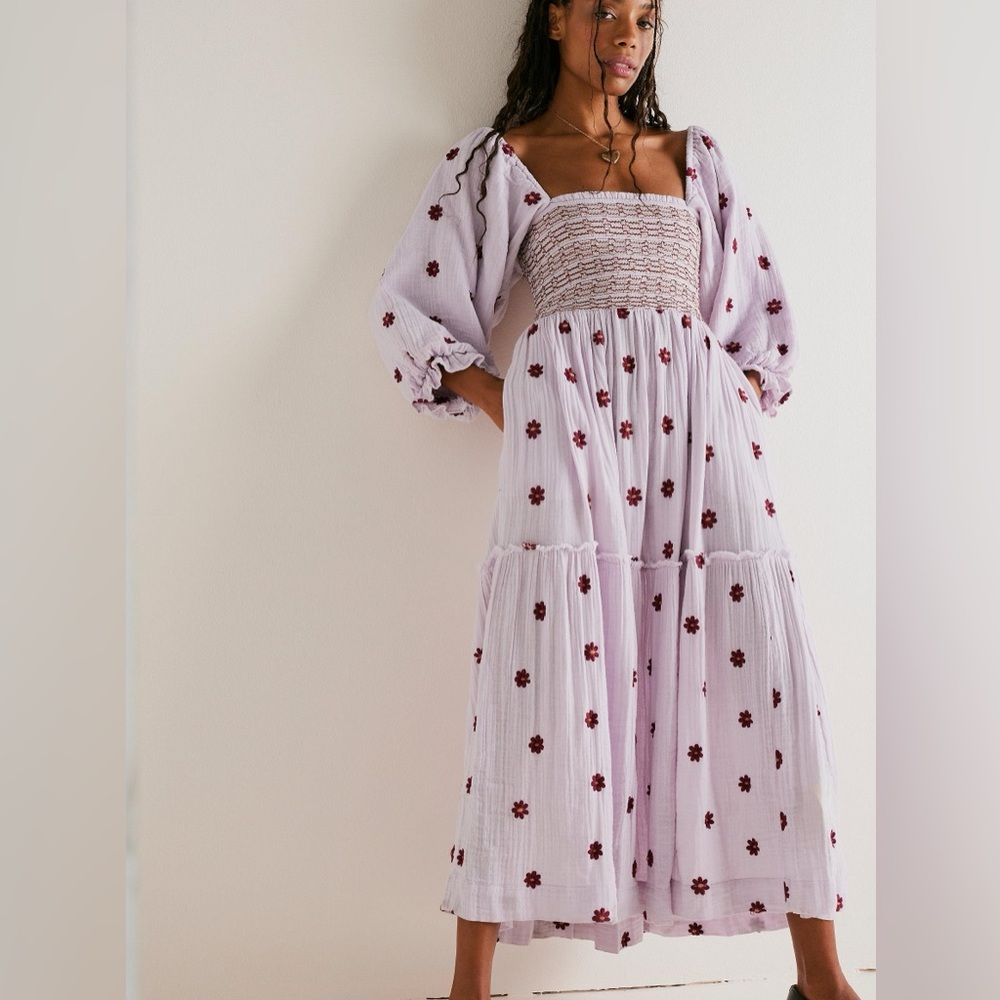 Free People Dahlia Embroidered Maxi Dress - Size Large in Lavender